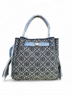 Tory Burch Navy and Cream Logo Jacquard Tote